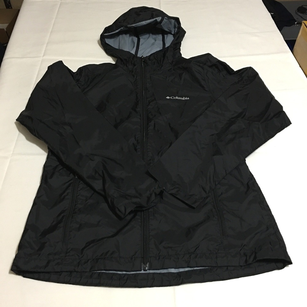 Columbia Rain Jacket Womens Medium Black Hooded Full Zip Lightweight Windbreaker
